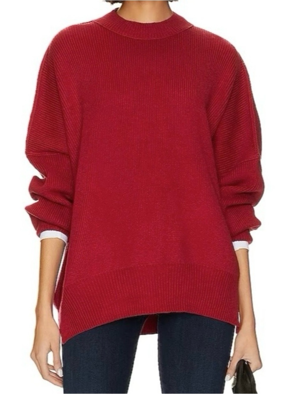 Free People Easy Street Tunic Oversized Knit Sweater Cherry Red Crewneck Medium